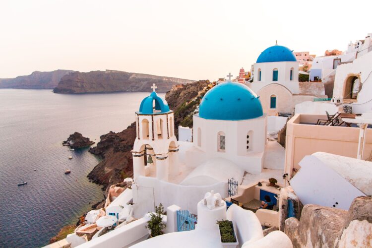 Blue-domed churches in Santorini, Greece
