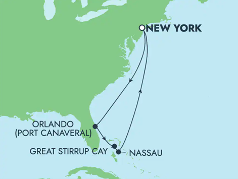 Norwegian Escape 8 Day Bahamas: Great Stirrup Cay, Orlando & Nassau porting out of Manhattan.