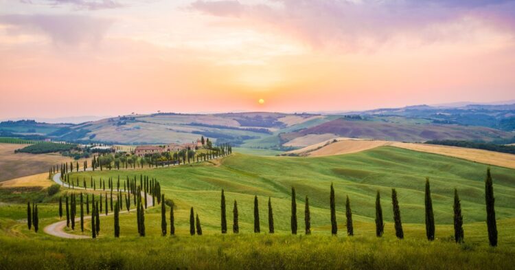 Rolling hills of Tuscany at sunset