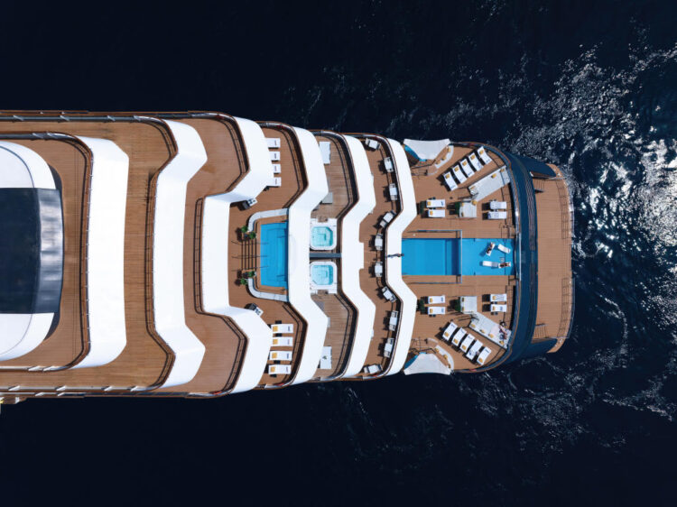 Aerial view of Luminara Ritz-Carlton Yacht pool deck