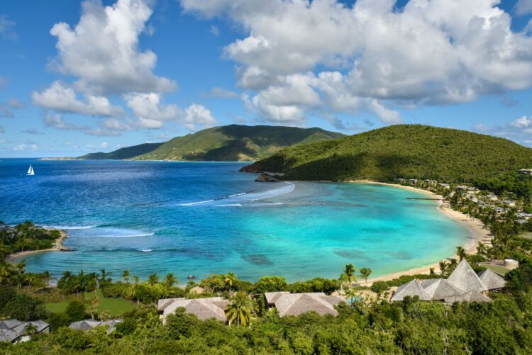 Tropical bay with turquoise waters and hillside villas