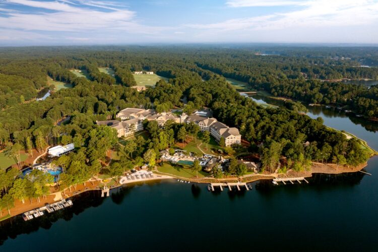 Aerial view of The Ritz-Carlton Reynolds, Lake Oconee – one of the best lake vacations for families in Georgia