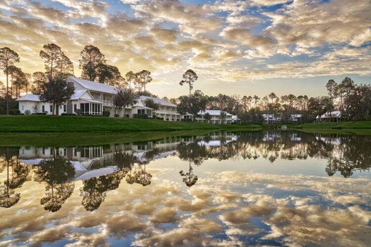 Lakeside cottages at Montage Palmetto Bluff at sunrise – luxury family vacations in the South