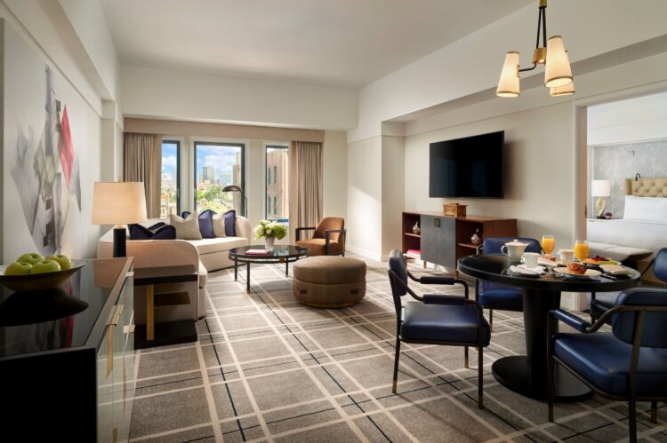 Residential Suite living room at Mandarin Oriental Boston—luxury accommodations for top family vacations in the USA.