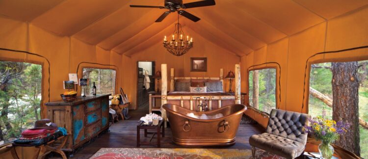 Luxury safari-style glamping tent at The Resort at Paws Up Montana family lodge