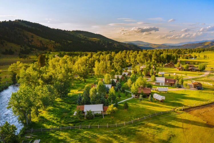 Aerial view of glamping tents and cabins at The Ranch at Rock Creek Montana 