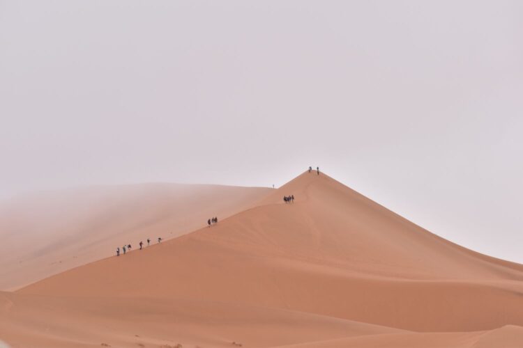 Silhouettes of people walking along the ridge of a towering sand dune in the desert