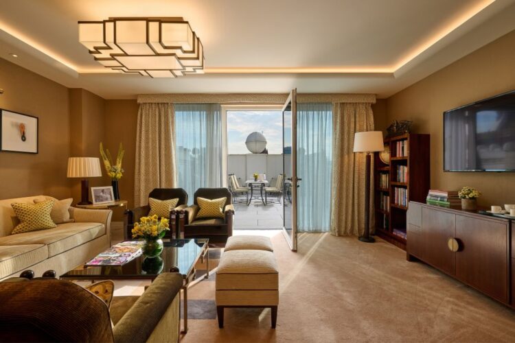 The Beaumont London suite with living area and private terrace