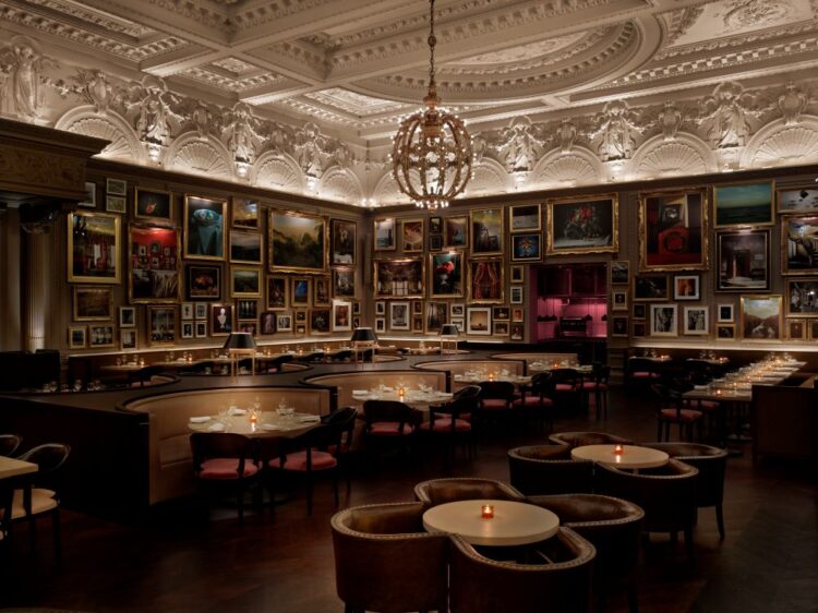 Berners Tavern at The London EDITION hotel in Fitzrovia with chandelier ceiling and gallery walls