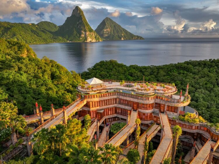 Jade Mountain resort terraces overlooking the Pitons and Caribbean Sea in St. Lucia