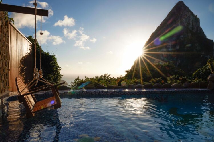 Private plunge pool and swing with Piton views at Ladera Resort in St. Lucia