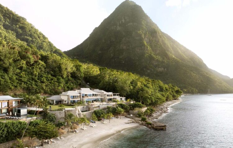 Sugar Beach, A Viceroy Resort nestled between the Pitons on the white sand beach in St. Lucia
