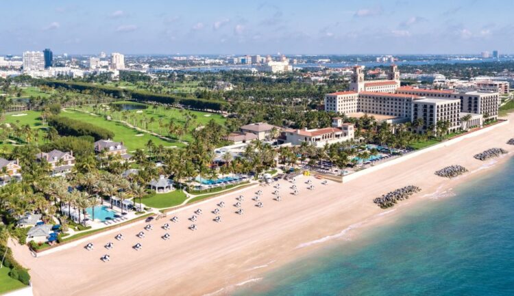 The Breakers Palm Beach Florida aerial view with private beach and golf course — luxury beach family vacation USA