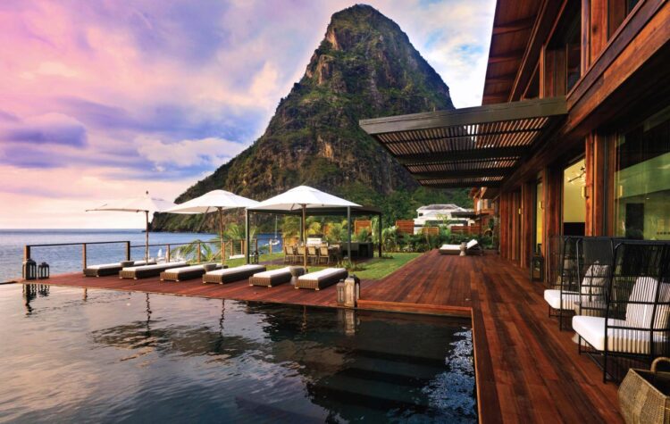 Luxury beachfront villa and pool deck at Sugar Beach, A Viceroy Resort with Piton views in St. Lucia