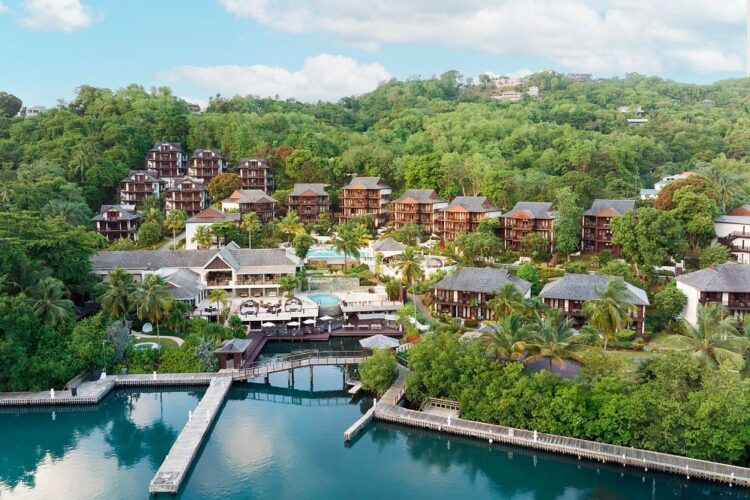 Zoëtry Marigot Bay St. Lucia aerial view overlooking the marina and lush hillside