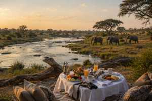 Luxury safari breakfast by a river with elephants in the background, ideal for a 25th anniversary trip