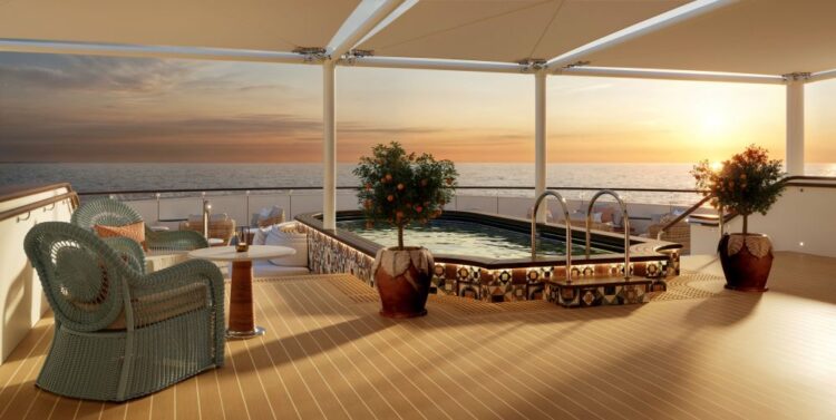 Four Seasons Yacht terrace with private hot tub and ocean views at sunset, showcasing outdoor living and ultra-luxury yacht design