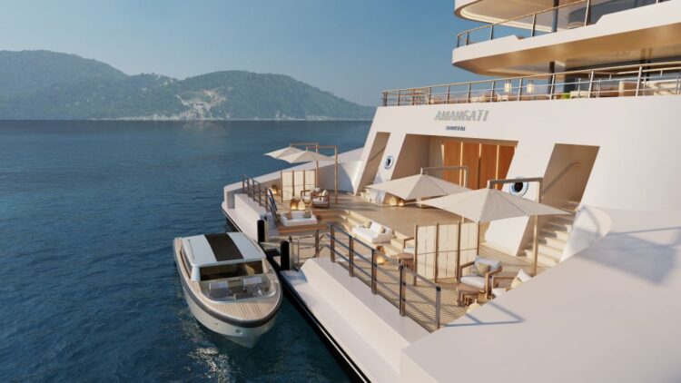 Aman at Sea yacht outdoor deck with loungers and tender boat showcasing private luxury yacht experience