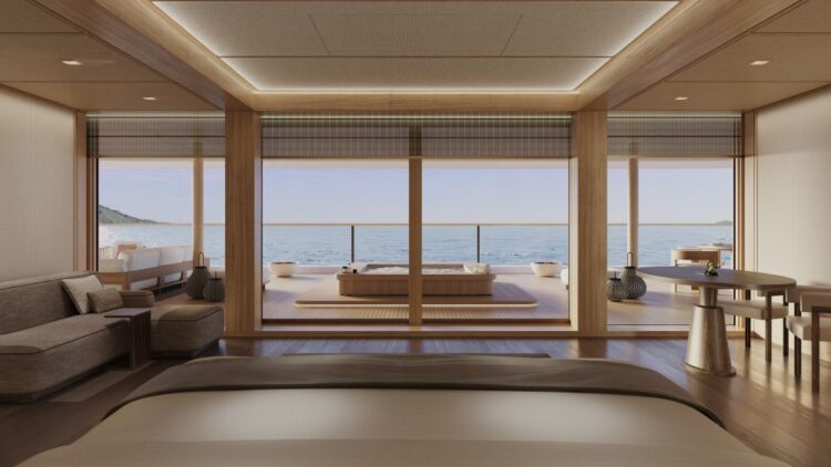 Aman at Sea yacht suite with private plunge pool and ocean views showcasing indoor outdoor luxury design