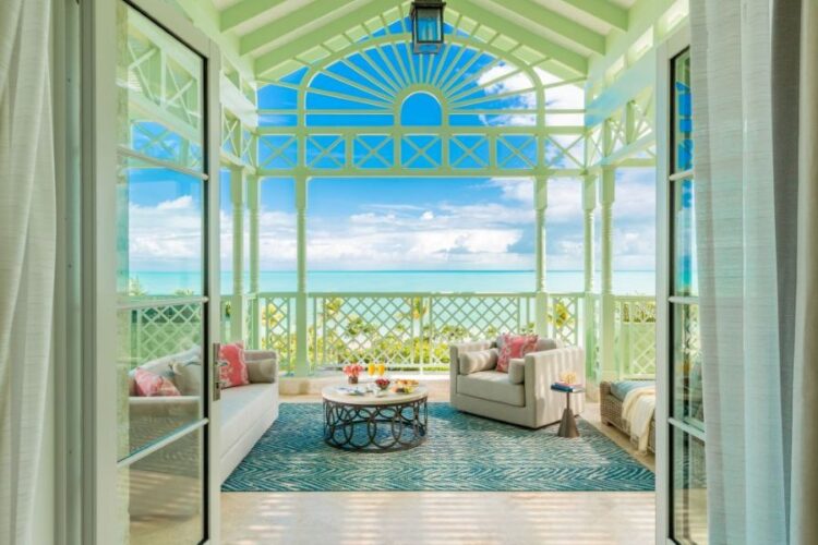 Oceanfront terrace at The Shore Club Turks and Caicos overlooking Long Bay Beach