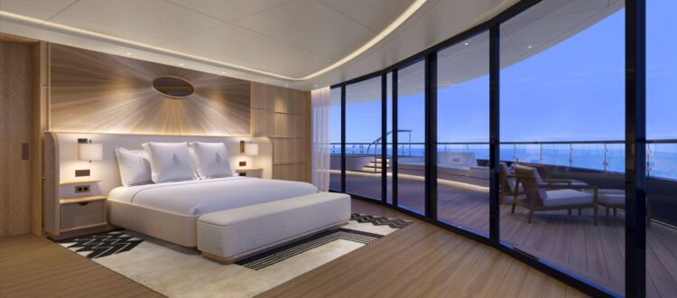 Four Seasons Yacht Malaga Suite master bedroom featuring spacious layout, floor-to-ceiling windows, and ultra-luxury residential design at sea