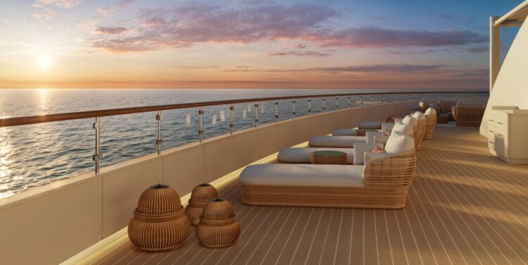 Four Seasons Yacht outdoor deck lounge at sunset overlooking the ocean, highlighting relaxed luxury and onboard atmosphere
