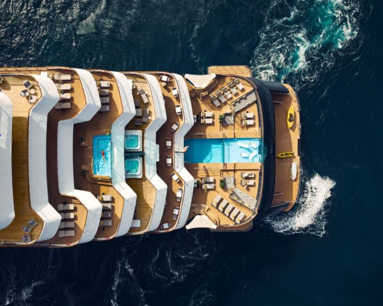 Aerial view of Ritz-Carlton Yacht Collection pool deck