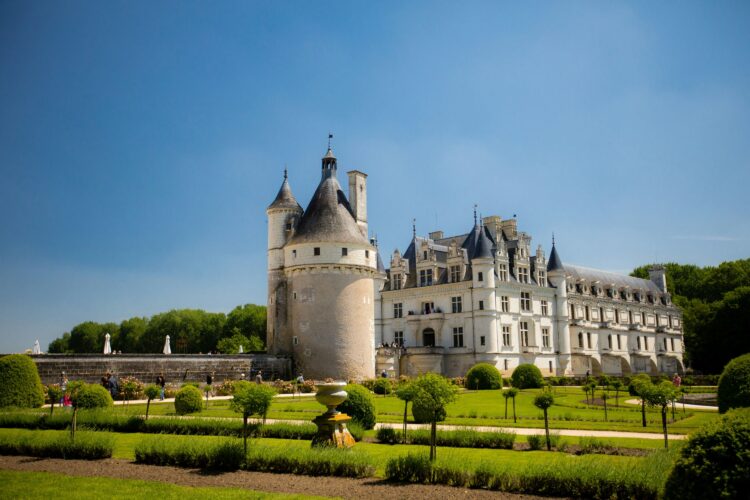 Luxury French château hotel surrounded by formal gardens in France