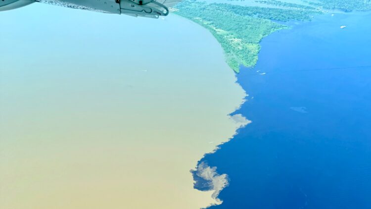 Aerial view of the Meeting of the Waters near Manaus, Brazil seen during a luxury trip to Brazil.