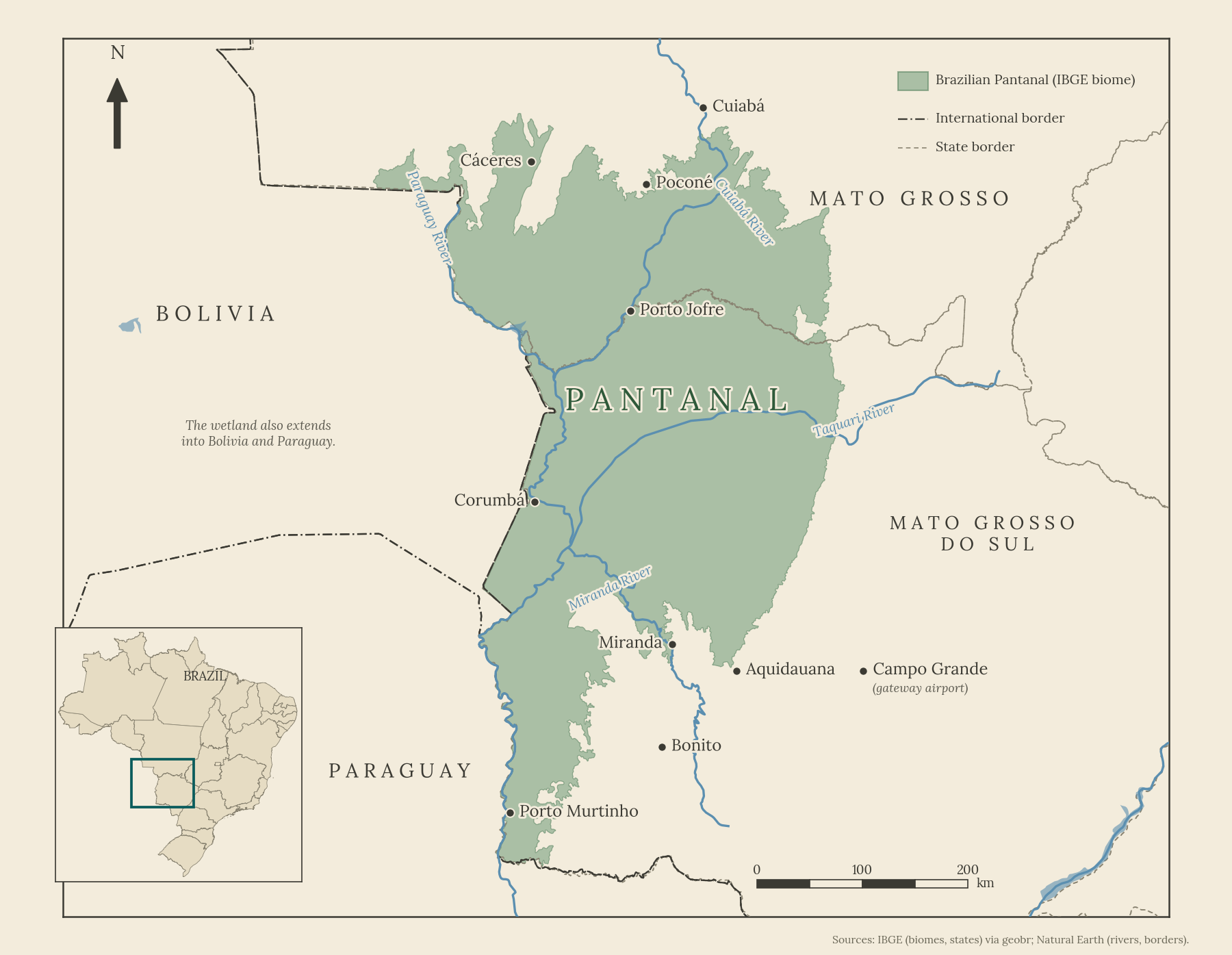 Map of the Pantanal in Brazil showing Mato Grosso and Mato Grosso do Sul